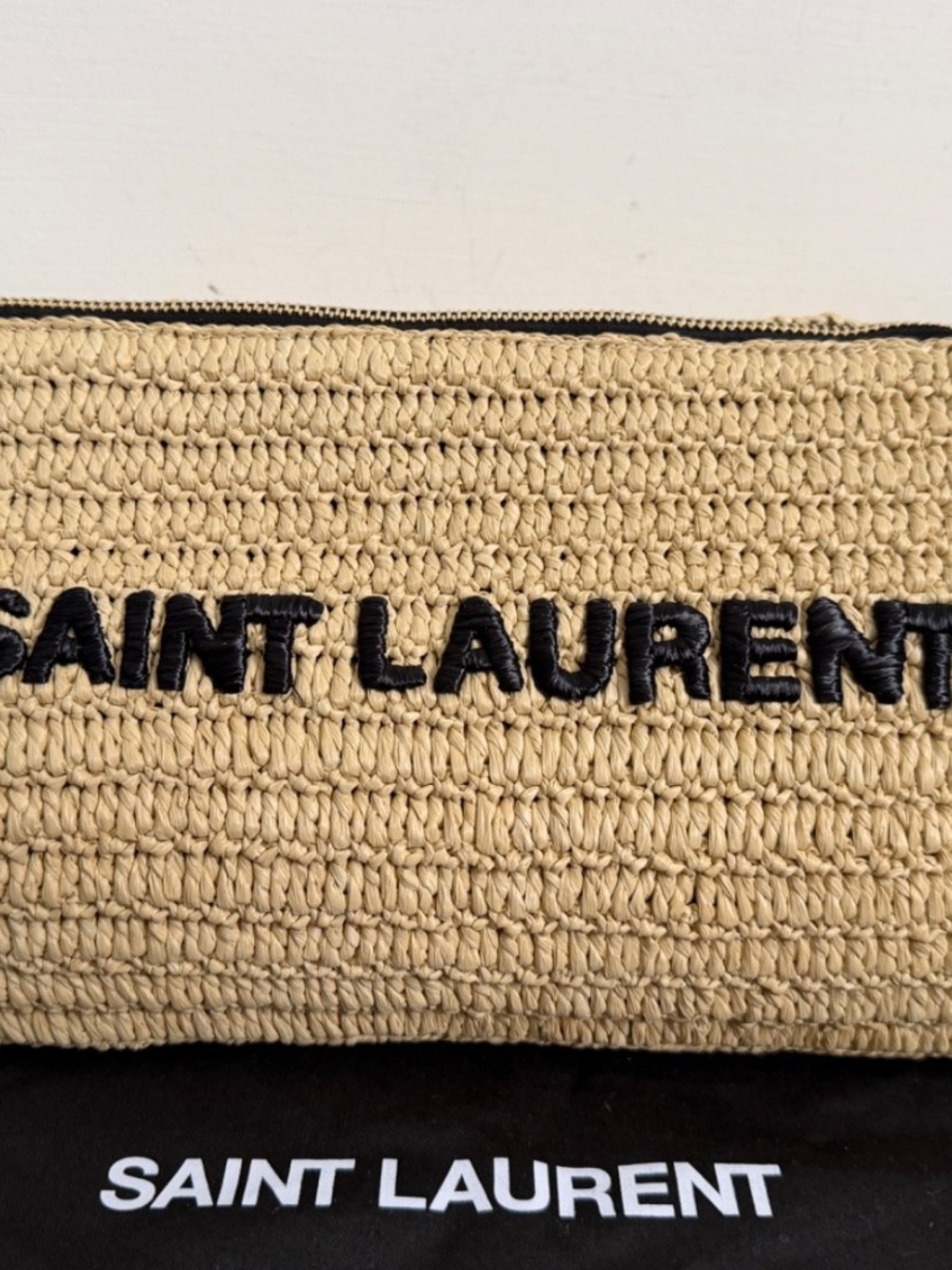 Saint Laurent YSL Le Rafia Beige Black Woven Embroidered Logo Zip Crossbody Bag - Picture 3 of 15